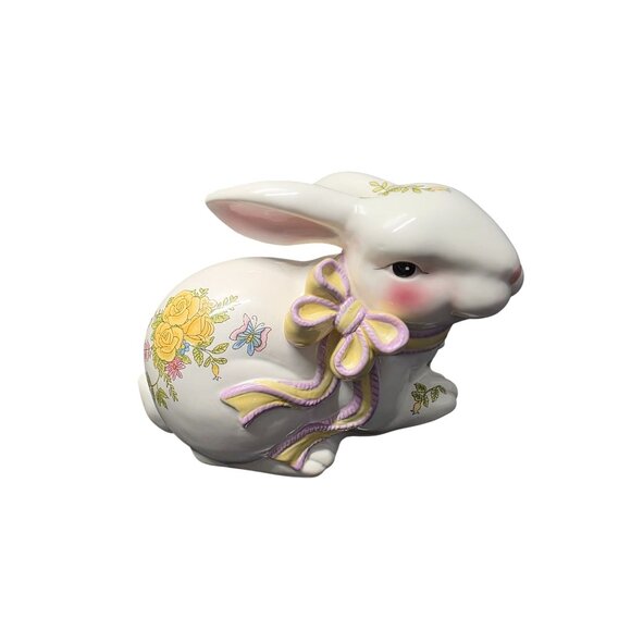 Large Ceramic Bunny Figurine With Floral & Bow Details - Picture 2 of 10